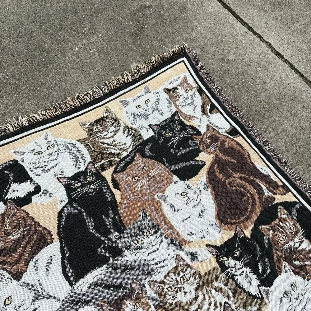VTG Goodwin Weavers Cat Tapestry Blanket Woven Cotton Throw 